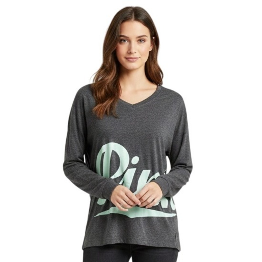 PINK Victoria's Secret Long Sleeve V-Neck Tee Women XS Grey Mint Green Logo